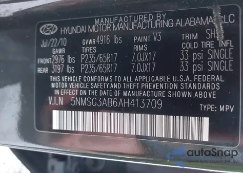 2010 Hyundai Santa Fe Gls from USA, damaged, VIN 5NMSG3AB6AH413709